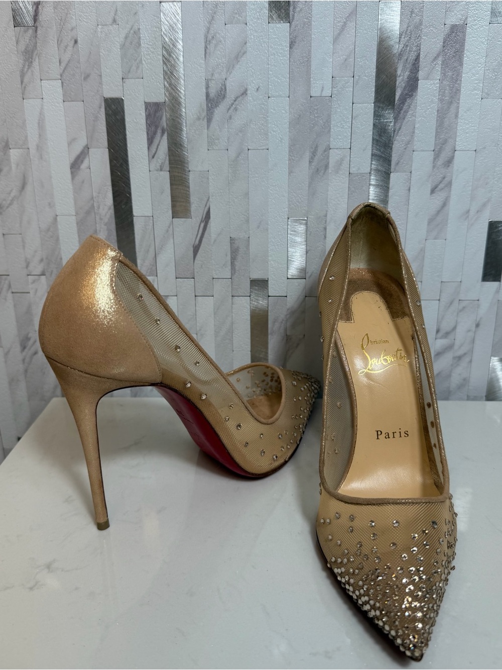 💎Christian Louboutin Nude Follies Strass Suede Rhinestones Heels 100 Size 39 - Picture 4 of 15